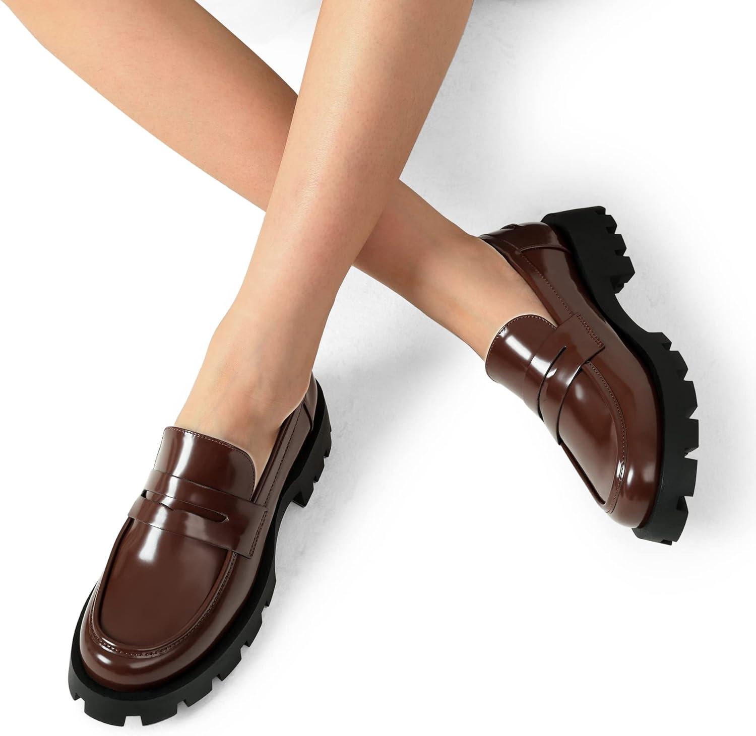 imageDREAM PAIRS Womens Loafers Lug Sole Slip On Platform Chunky Penny Loafers for Women Dressy and Work Business Casual Shoes for WomenBrownpat