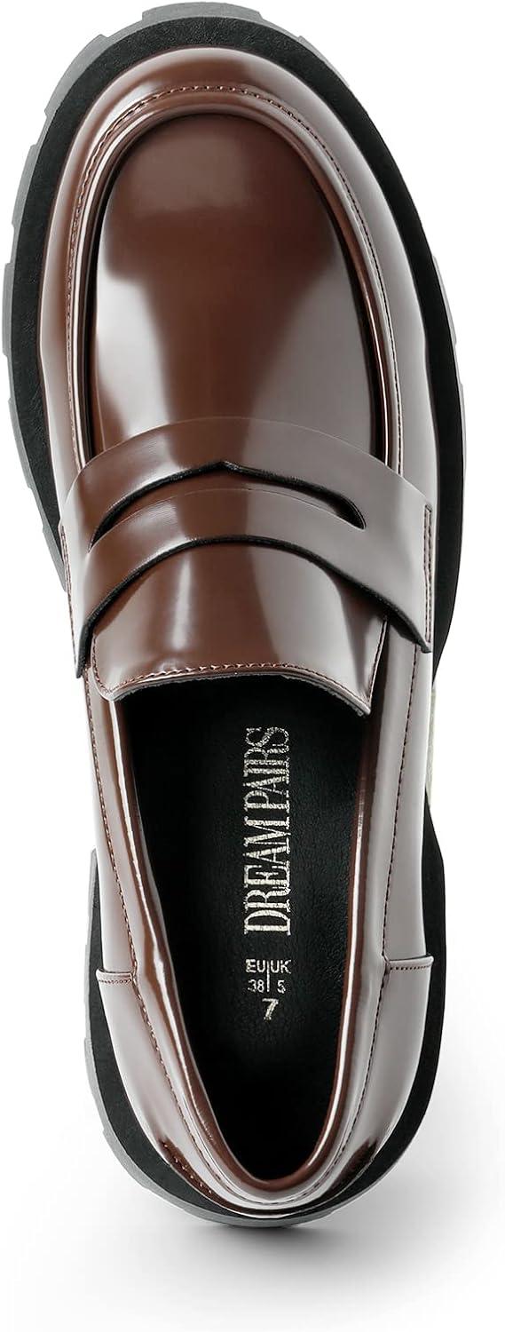 imageDREAM PAIRS Womens Loafers Lug Sole Slip On Platform Chunky Penny Loafers for Women Dressy and Work Business Casual Shoes for WomenBrownpat