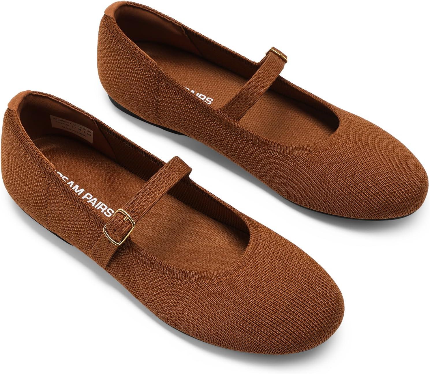 imageDREAM PAIRS Womens Mary Jane Ballet Flat Shoes Dressy Foldable Knit Flats with Arch Support Comfortable for Casual Work OfficeBrown