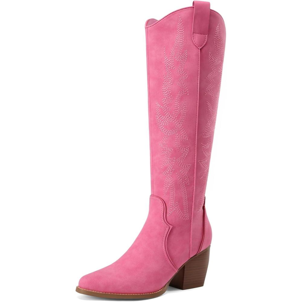 imageDREAM PAIRS Womens Cowboy Boots Wide Calf Comfortable Pull On Zipper Chunky Heel Pointed Toe Embroidered Western Cowgirl Knee High Boots Ladies Retro Tall BootHot Pink