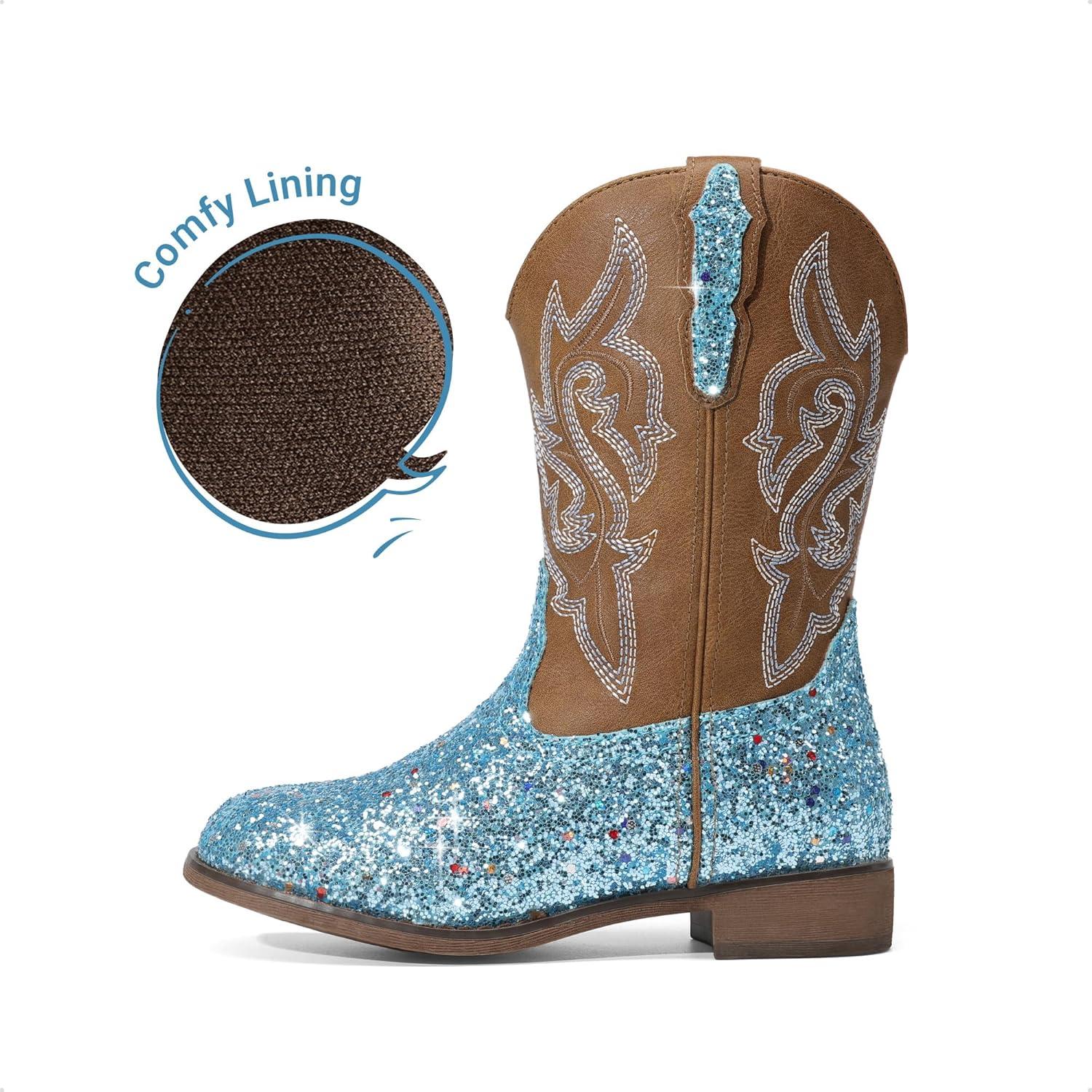 imageDREAM PAIRS Girls Cowgirl Boots Glitter Toddler Cowboy Boots Child Mid Calf Riding Shoes Party Birthday Dress Up for ToddlerLittleBig KidBlue