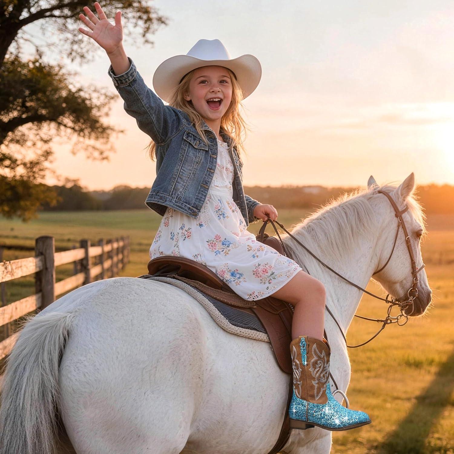 imageDREAM PAIRS Girls Cowgirl Boots Glitter Toddler Cowboy Boots Child Mid Calf Riding Shoes Party Birthday Dress Up for ToddlerLittleBig KidBlue