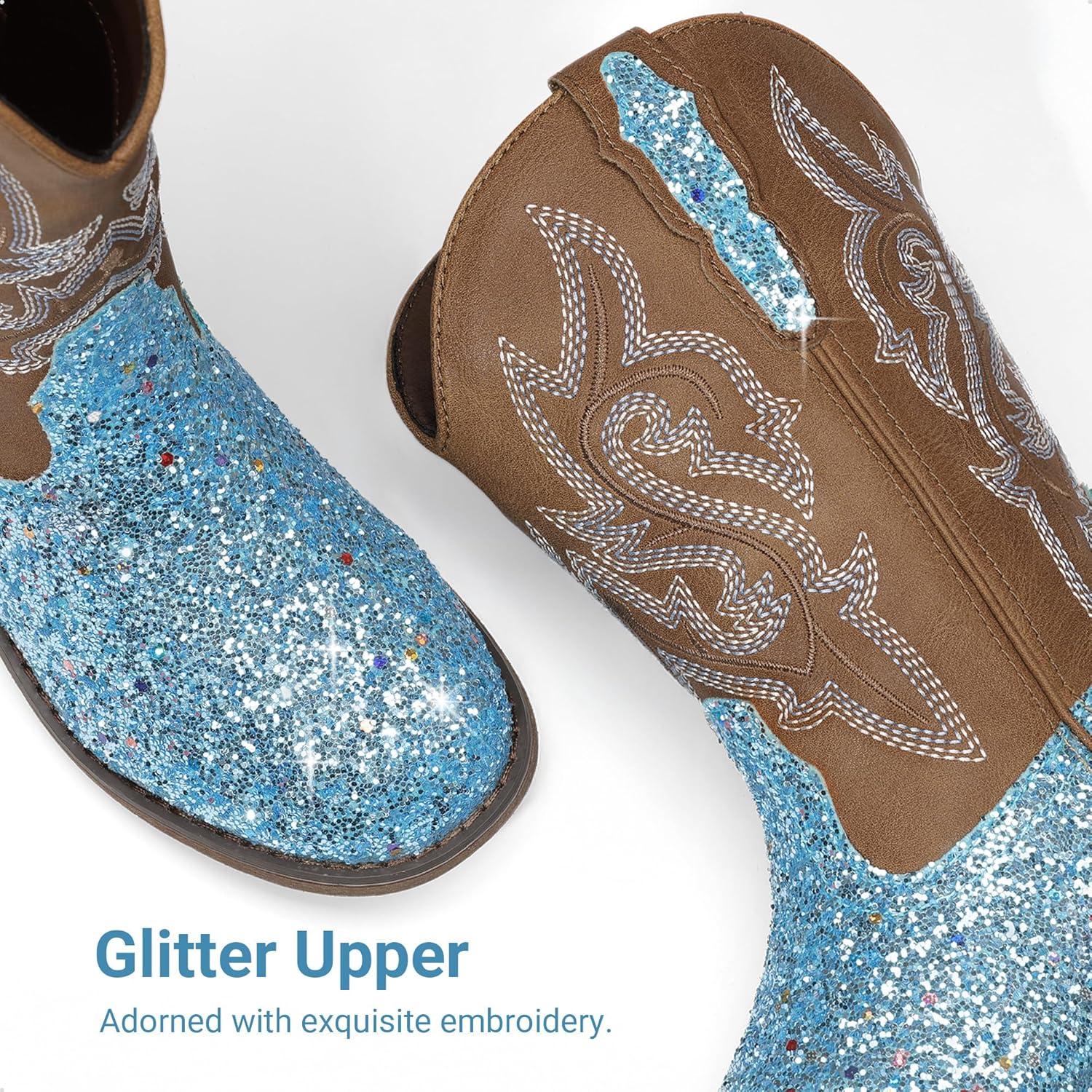 imageDREAM PAIRS Girls Cowgirl Boots Glitter Toddler Cowboy Boots Child Mid Calf Riding Shoes Party Birthday Dress Up for ToddlerLittleBig KidBlue