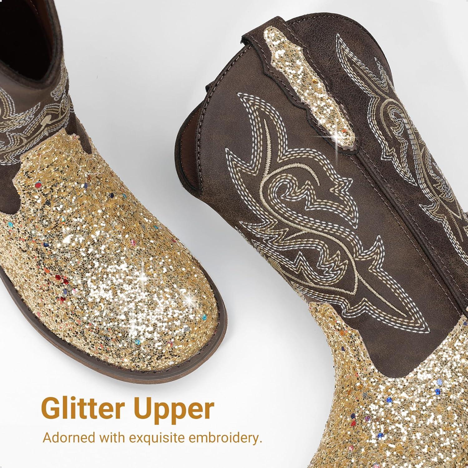 imageDREAM PAIRS Girls Cowgirl Boots Glitter Toddler Cowboy Boots Child Mid Calf Riding Shoes Party Birthday Dress Up for ToddlerLittleBig KidGold