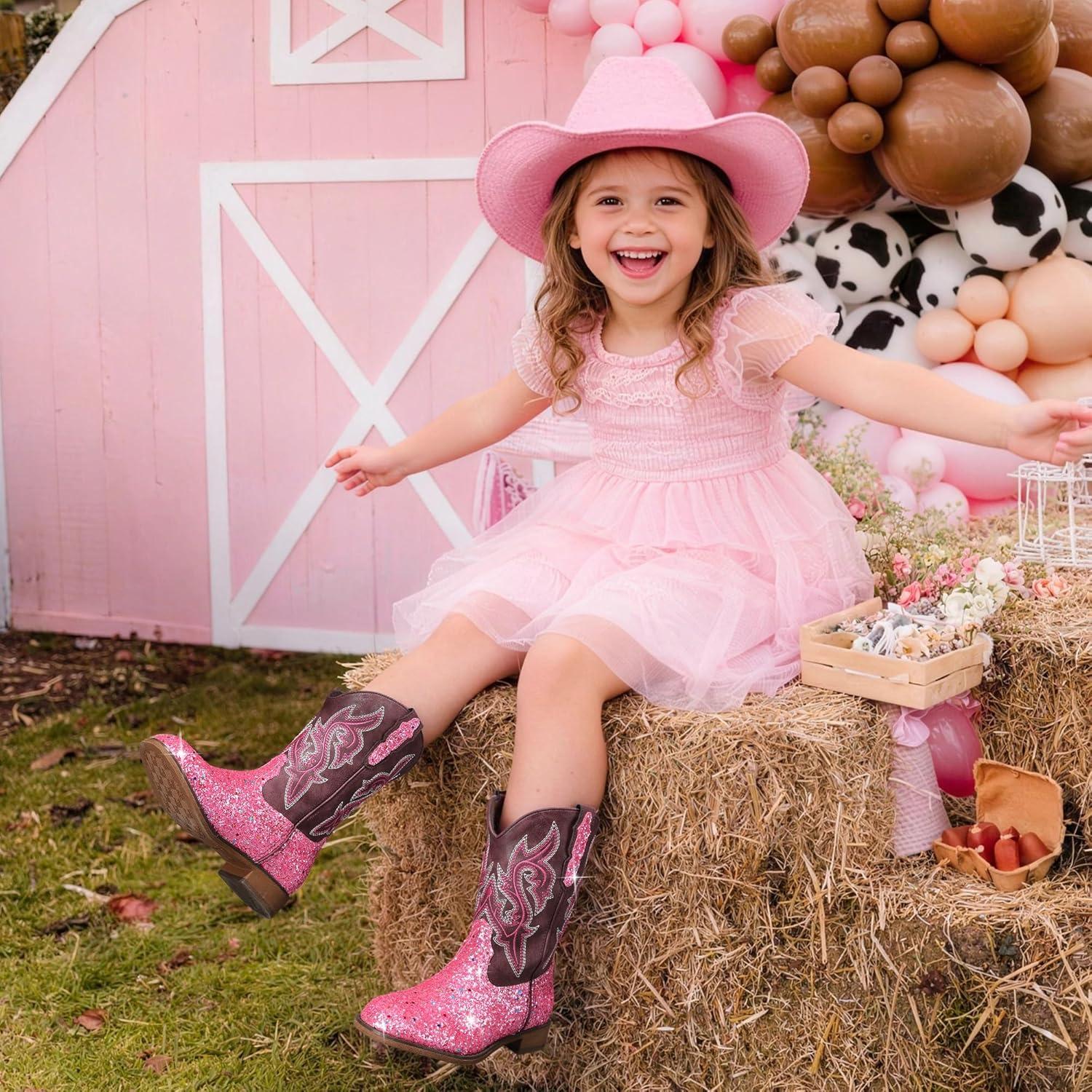 imageDREAM PAIRS Girls Cowgirl Boots Glitter Toddler Cowboy Boots Child Mid Calf Riding Shoes Party Birthday Dress Up for ToddlerLittleBig KidPink