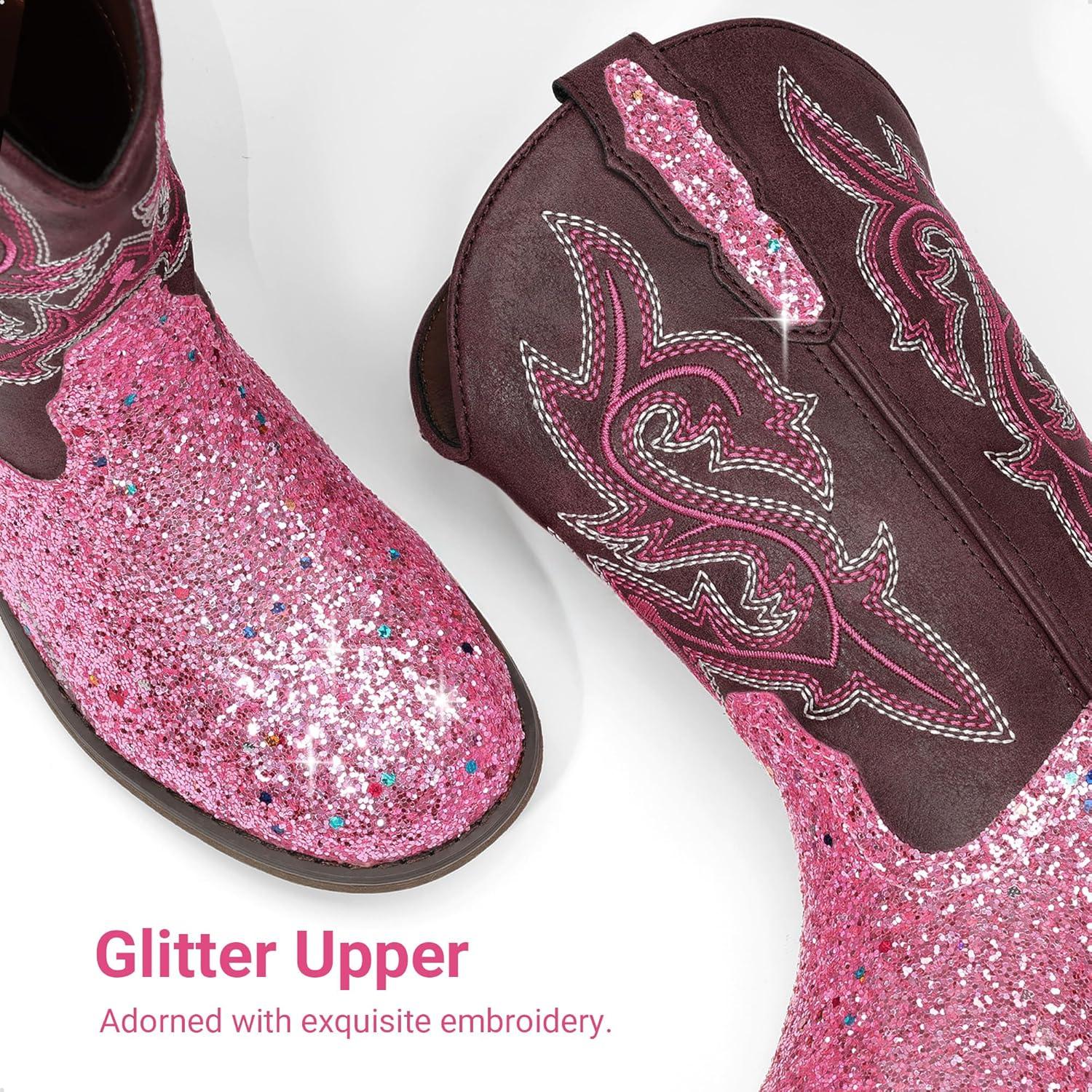 imageDREAM PAIRS Girls Cowgirl Boots Glitter Toddler Cowboy Boots Child Mid Calf Riding Shoes Party Birthday Dress Up for ToddlerLittleBig KidPink