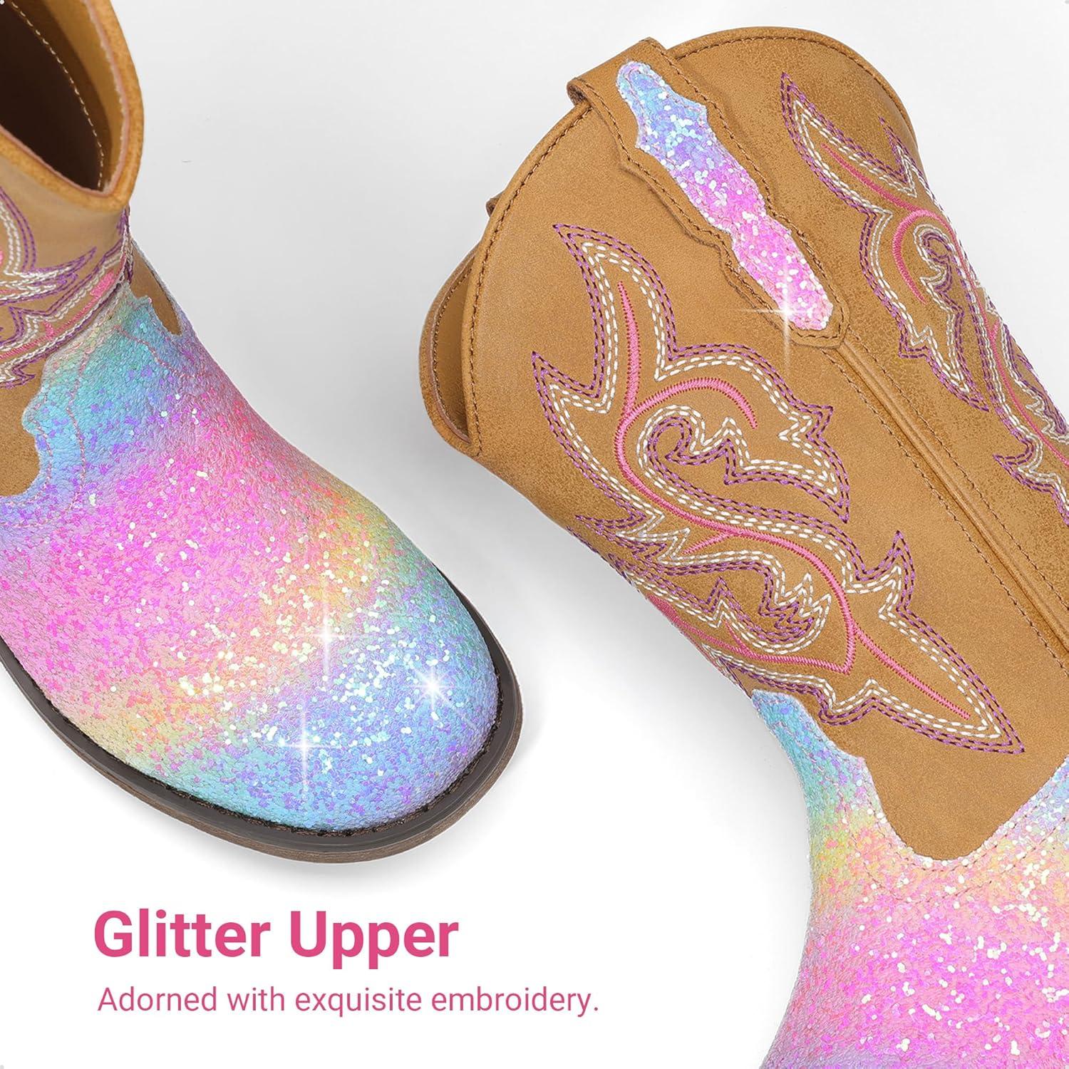 imageDREAM PAIRS Girls Cowgirl Boots Glitter Toddler Cowboy Boots Child Mid Calf Riding Shoes Party Birthday Dress Up for ToddlerLittleBig KidRainbow