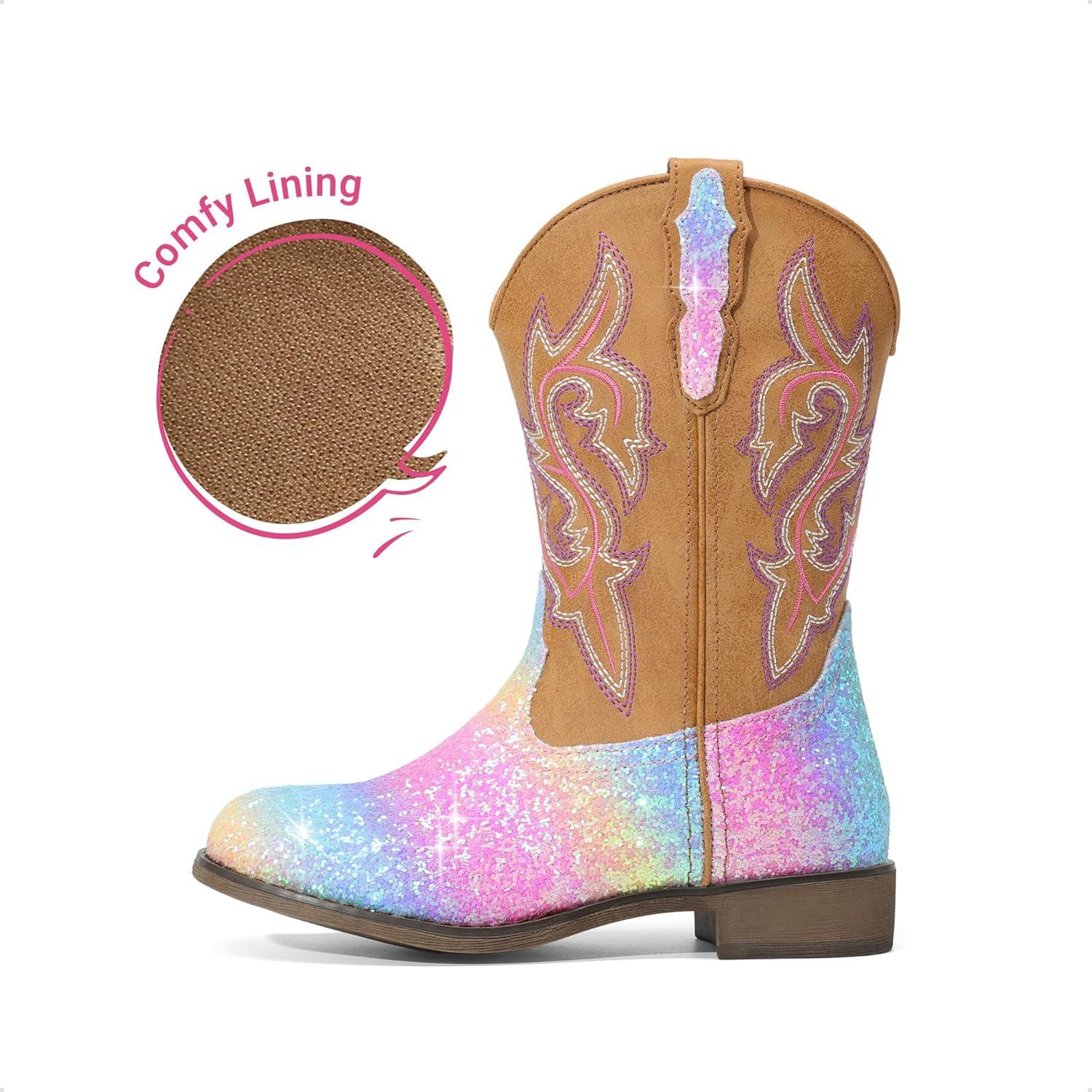 imageDREAM PAIRS Girls Cowgirl Boots Glitter Toddler Cowboy Boots Child Mid Calf Riding Shoes Party Birthday Dress Up for ToddlerLittleBig KidRainbow