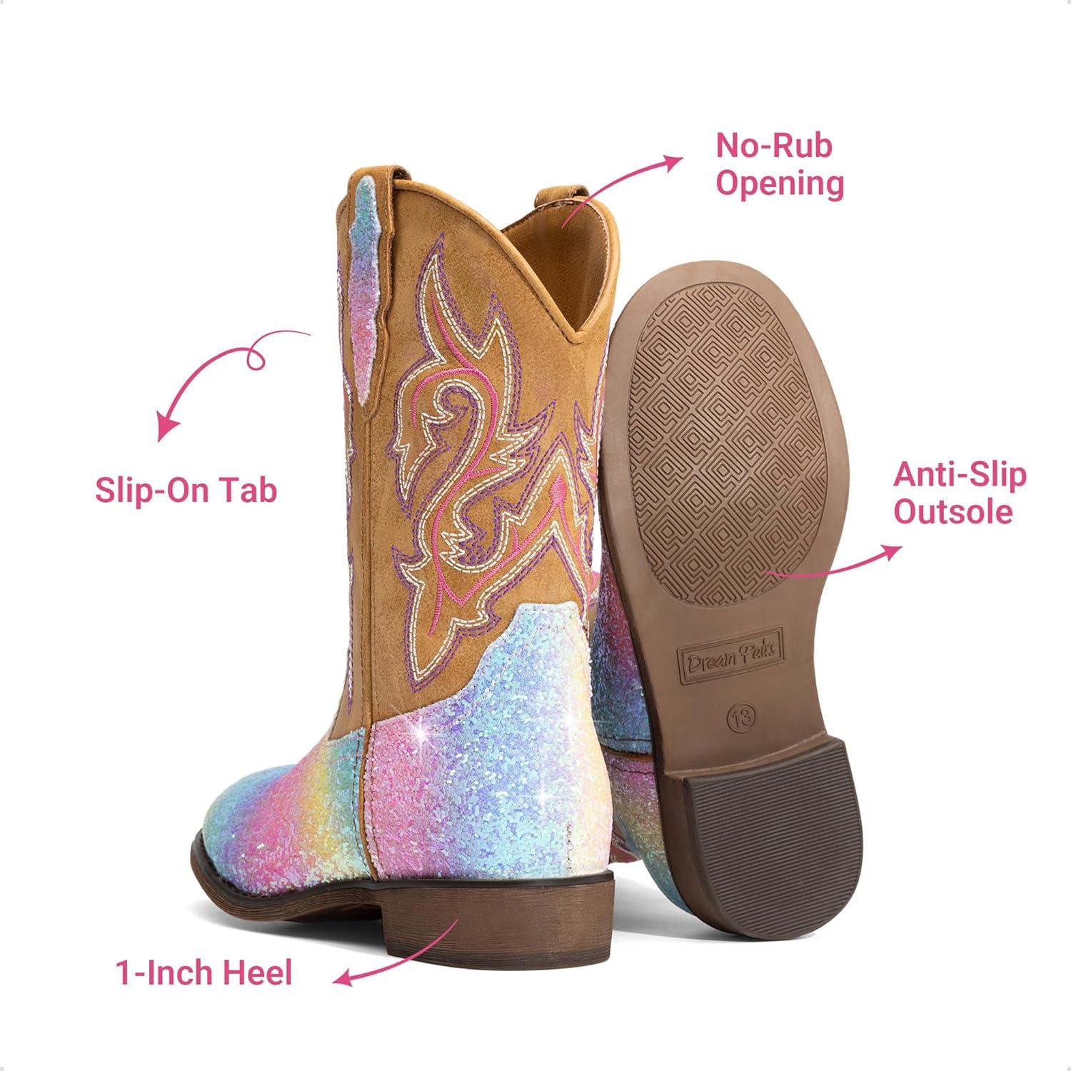 imageDREAM PAIRS Girls Cowgirl Boots Glitter Toddler Cowboy Boots Child Mid Calf Riding Shoes Party Birthday Dress Up for ToddlerLittleBig KidRainbow