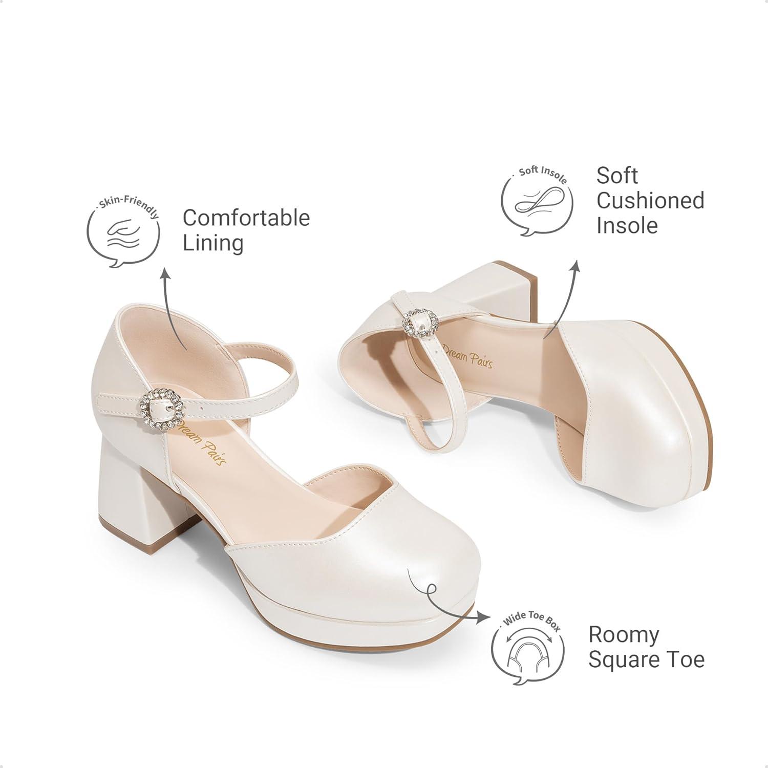 imageDREAM PAIRS Girls Dress Shoes Platform Square Toe High Heels Ankle Strap Party Wedding Flower Pump for Little Big KidIvory