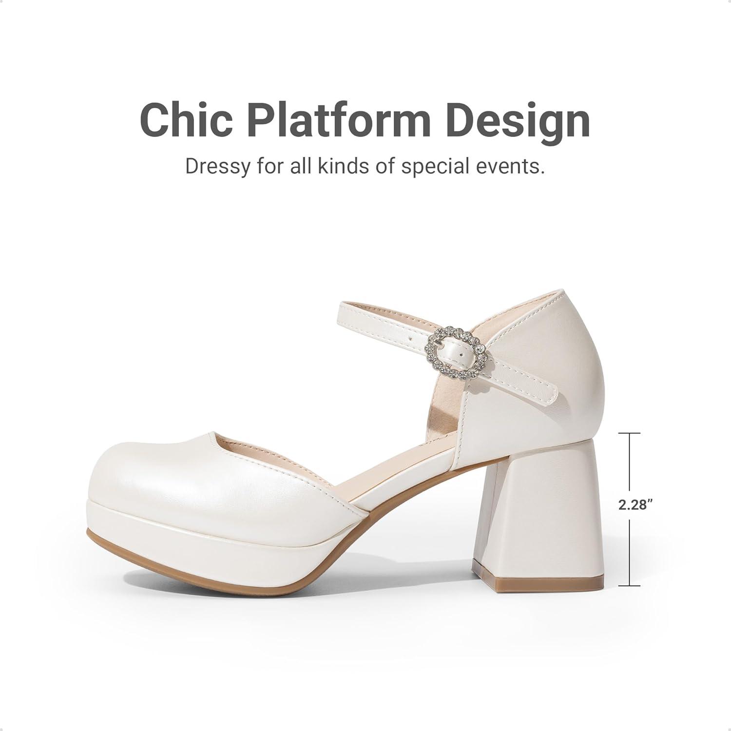 imageDREAM PAIRS Girls Dress Shoes Platform Square Toe High Heels Ankle Strap Party Wedding Flower Pump for Little Big KidIvory