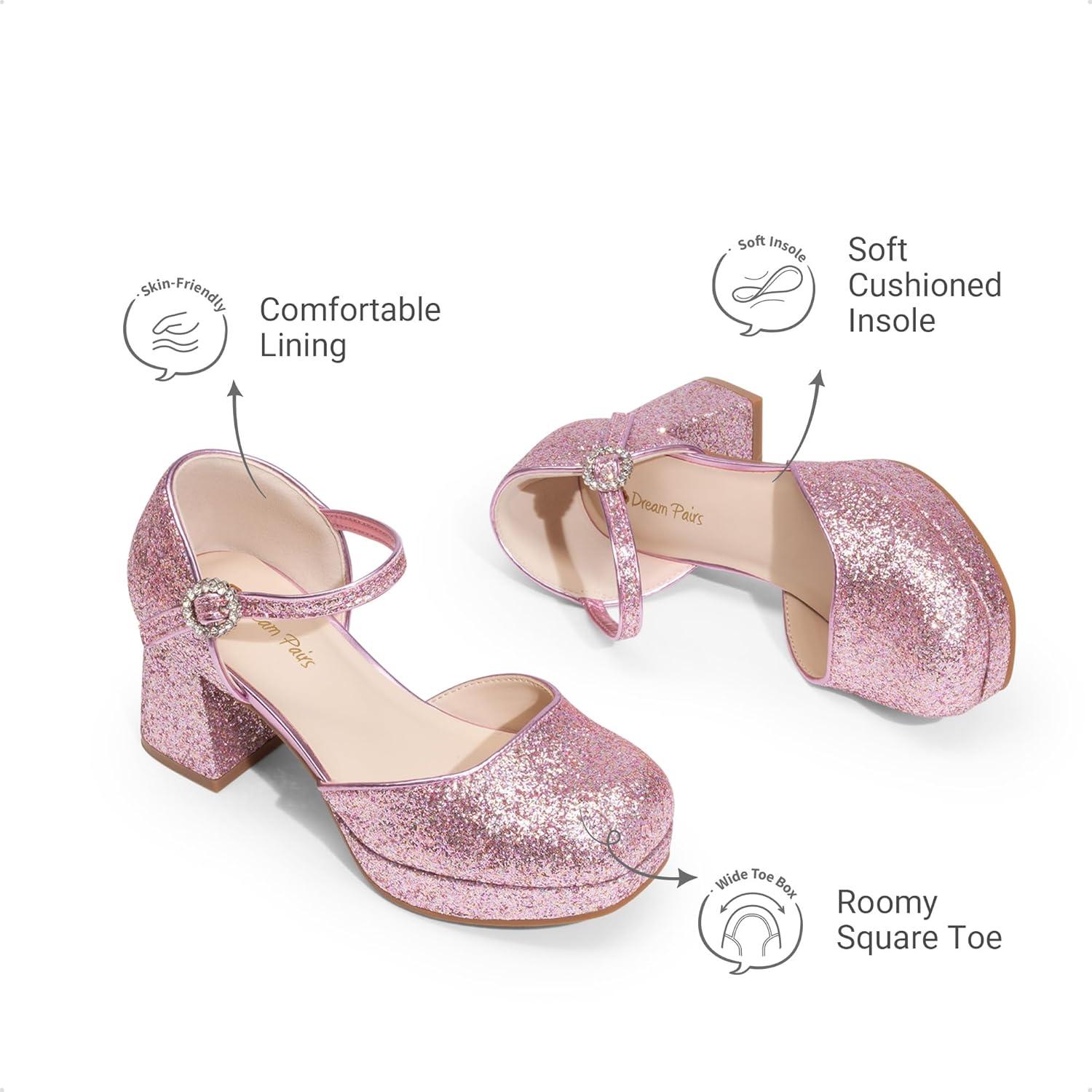 imageDREAM PAIRS Girls Dress Shoes Platform Square Toe High Heels Ankle Strap Party Wedding Flower Pump for Little Big KidPink