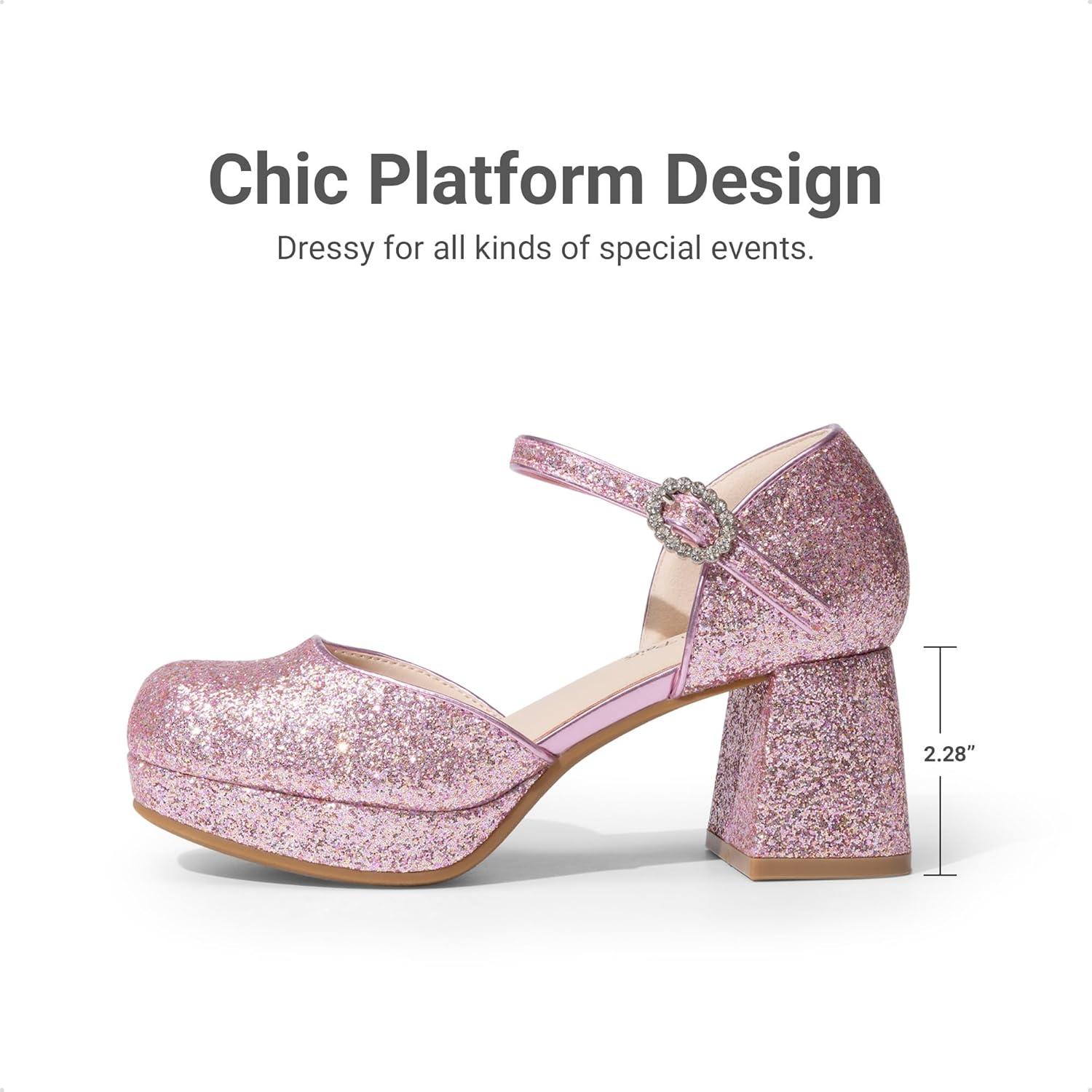imageDREAM PAIRS Girls Dress Shoes Platform Square Toe High Heels Ankle Strap Party Wedding Flower Pump for Little Big KidPink