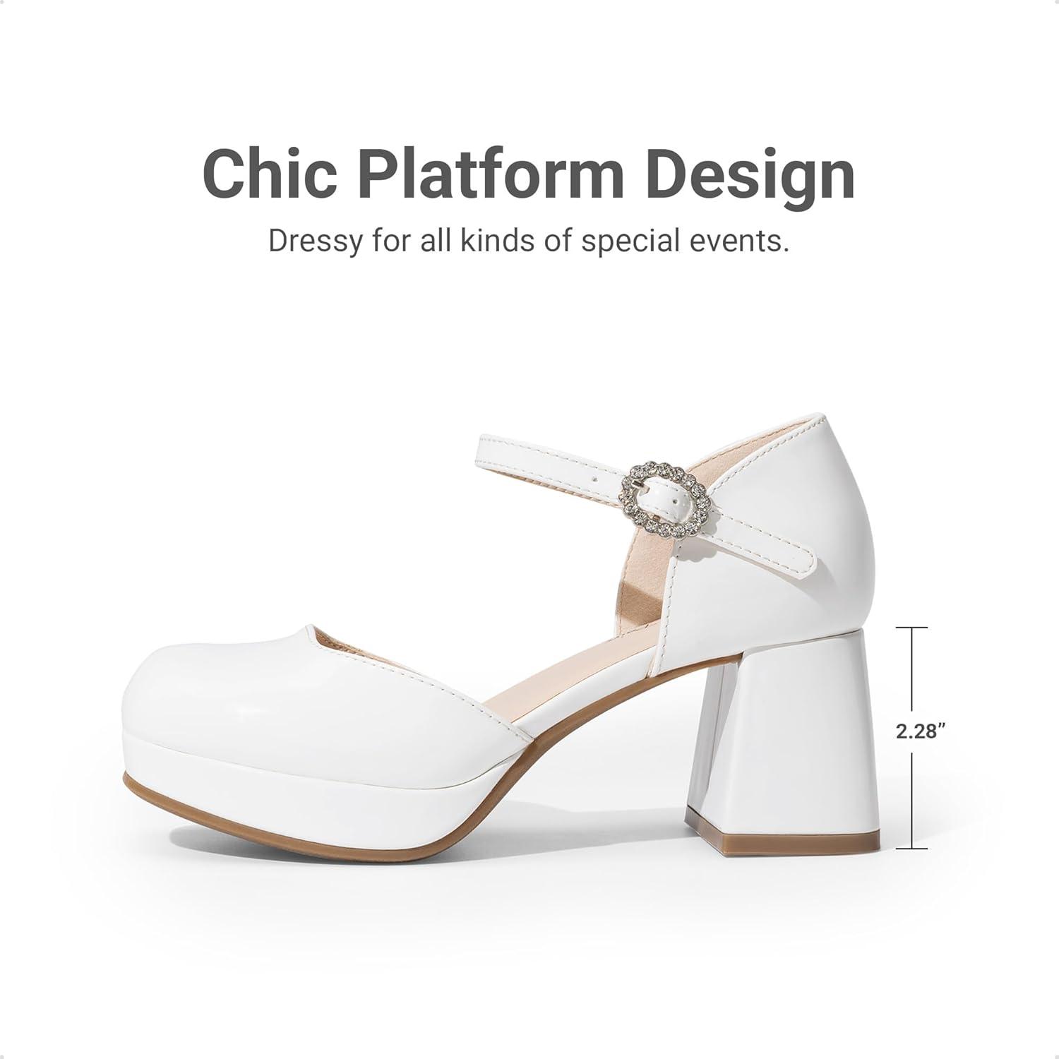 imageDREAM PAIRS Girls Dress Shoes Platform Square Toe High Heels Ankle Strap Party Wedding Flower Pump for Little Big KidWhite
