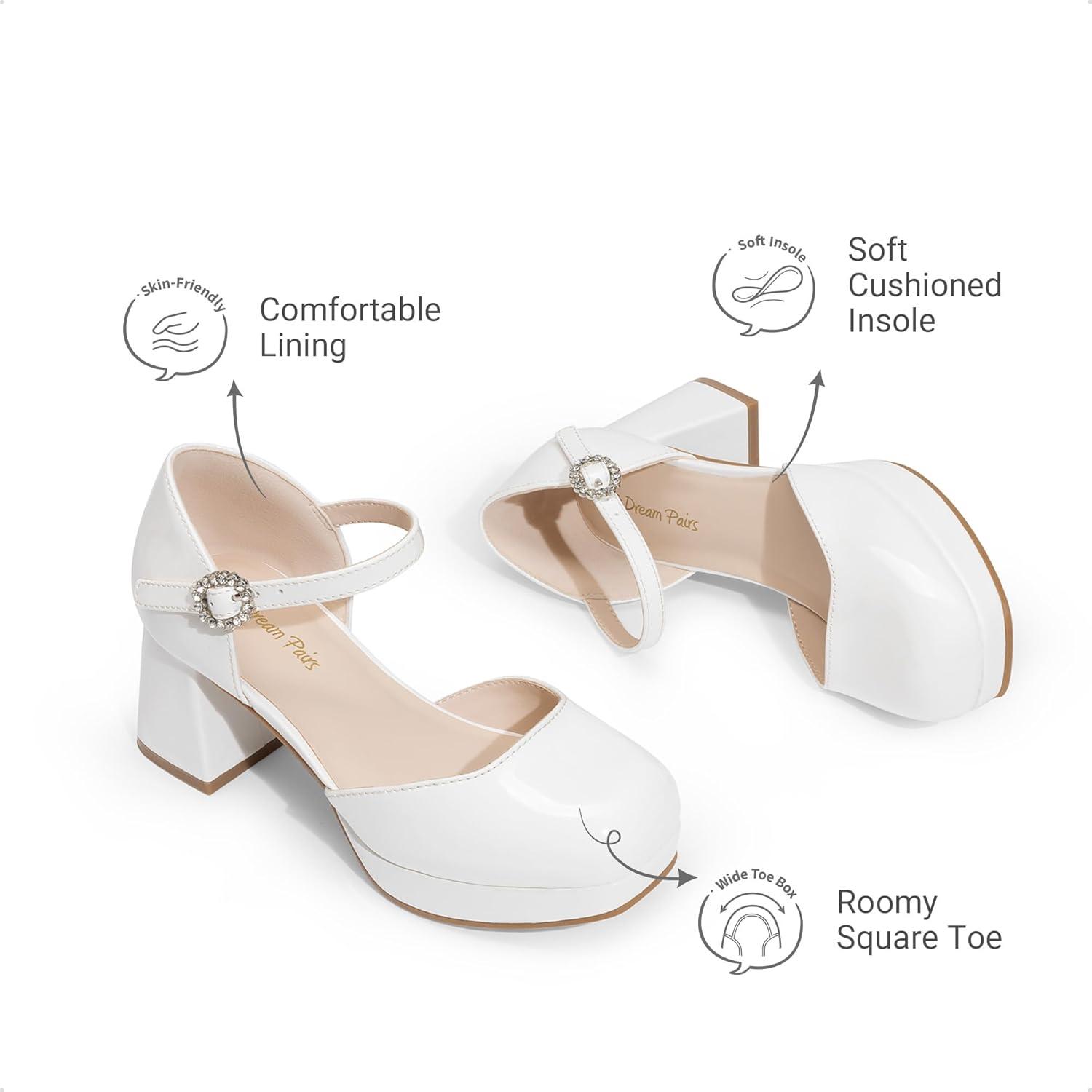 imageDREAM PAIRS Girls Dress Shoes Platform Square Toe High Heels Ankle Strap Party Wedding Flower Pump for Little Big KidWhite