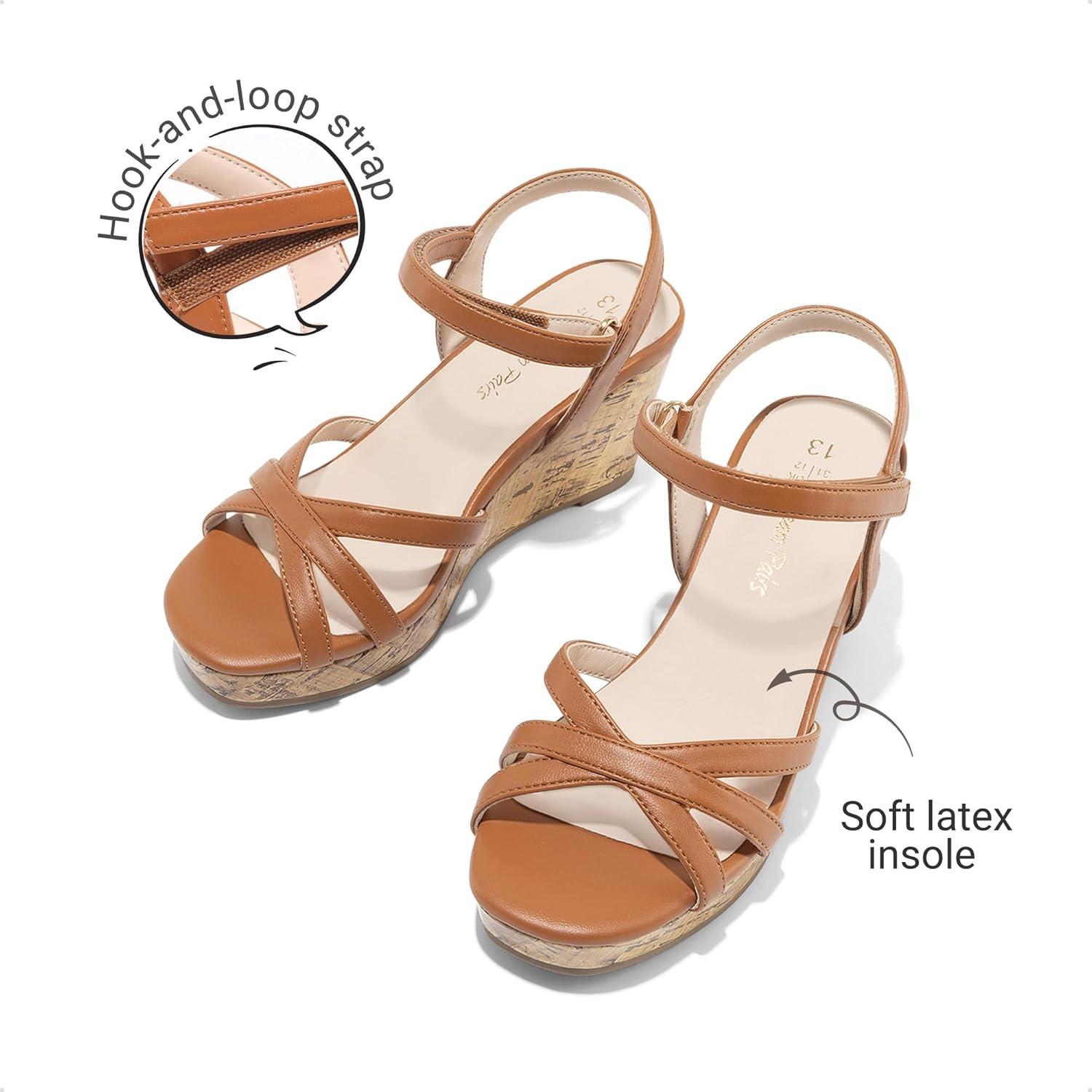 imageDREAM PAIRS Girls Wedge Sandals Flatform Open Toe Summer Platform Sandals Flower Wedding Party for Little KidBig KidBrownv