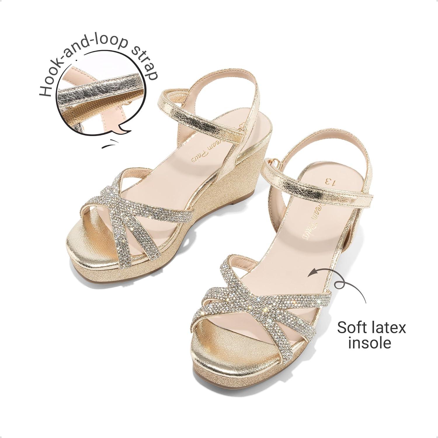 imageDREAM PAIRS Girls Wedge Sandals Flatform Open Toe Summer Platform Sandals Flower Wedding Party for Little KidBig KidGoldv