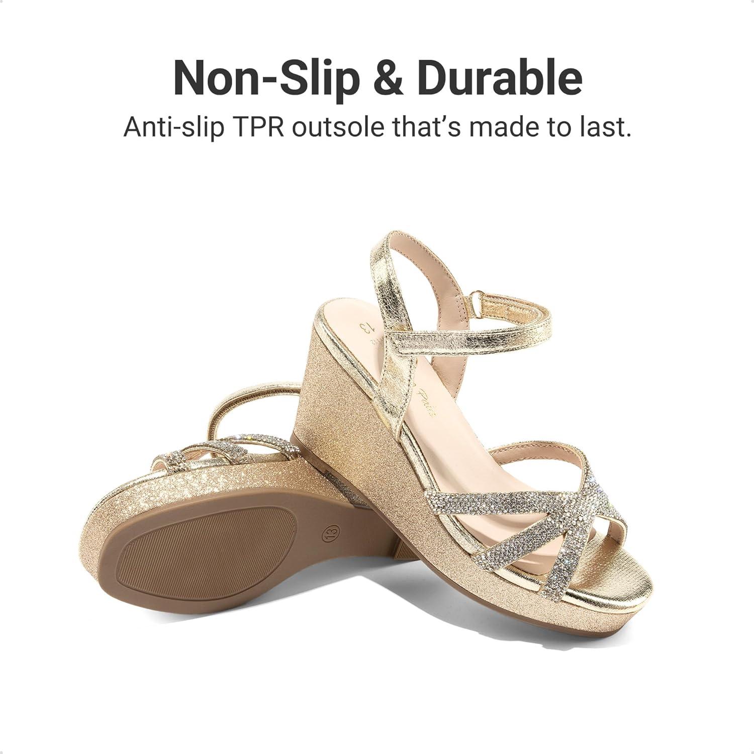 imageDREAM PAIRS Girls Wedge Sandals Flatform Open Toe Summer Platform Sandals Flower Wedding Party for Little KidBig KidGoldv