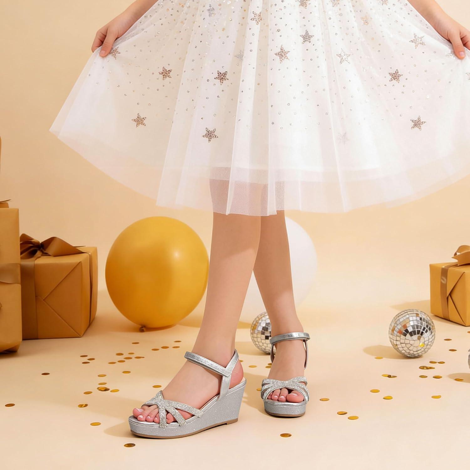 imageDREAM PAIRS Girls Wedge Sandals Flatform Open Toe Summer Platform Sandals Flower Wedding Party for Little KidBig KidSilverv
