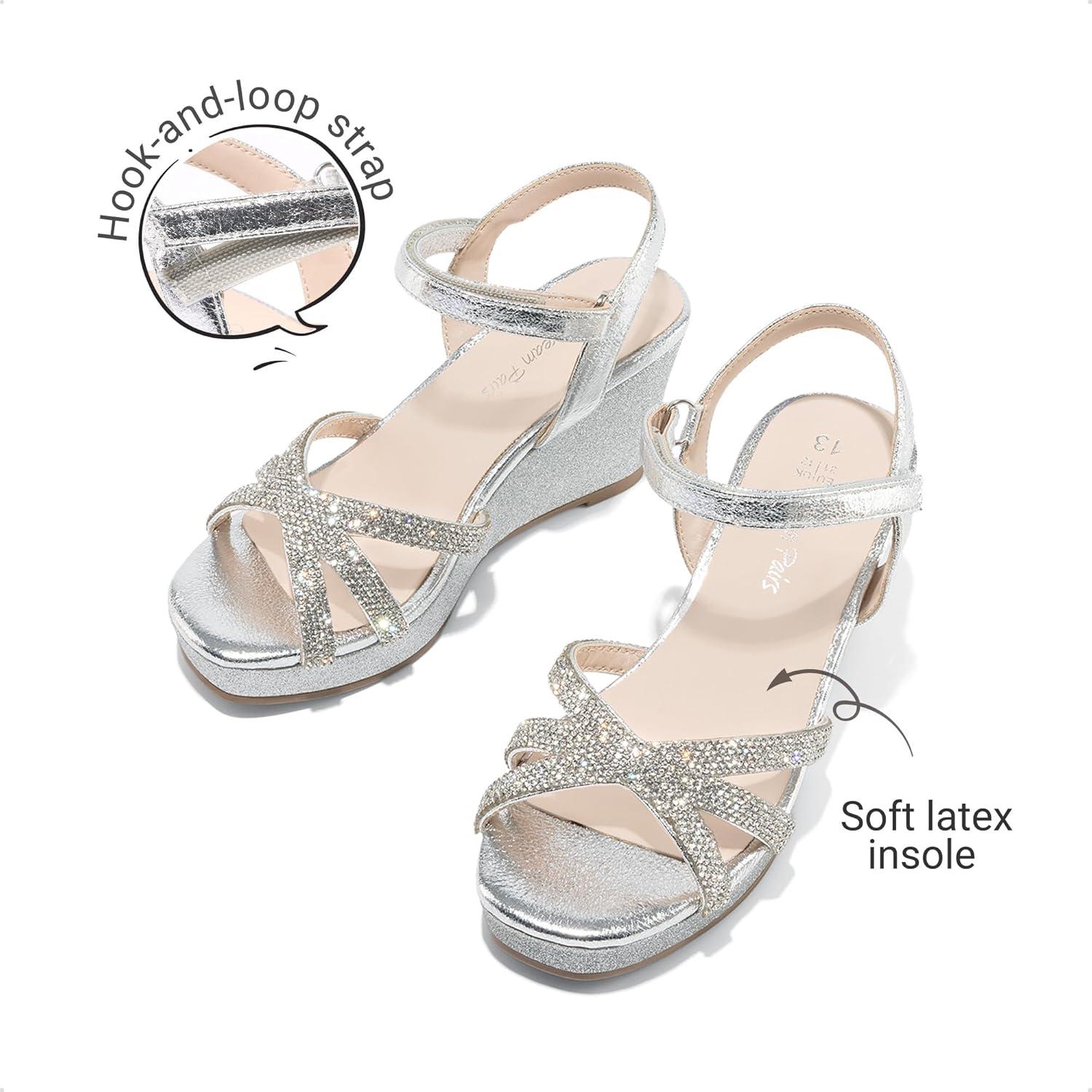 imageDREAM PAIRS Girls Wedge Sandals Flatform Open Toe Summer Platform Sandals Flower Wedding Party for Little KidBig KidSilverv