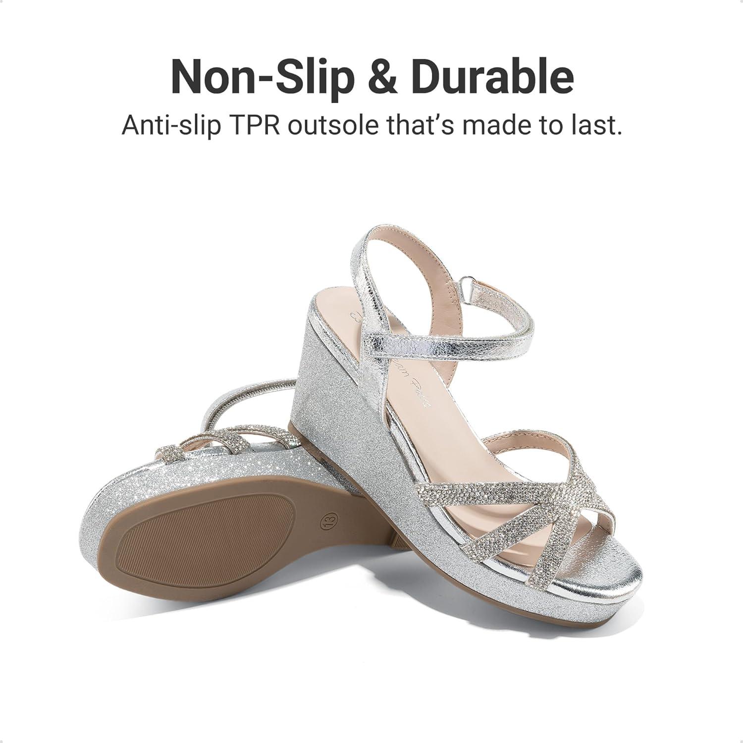 imageDREAM PAIRS Girls Wedge Sandals Flatform Open Toe Summer Platform Sandals Flower Wedding Party for Little KidBig KidSilverv