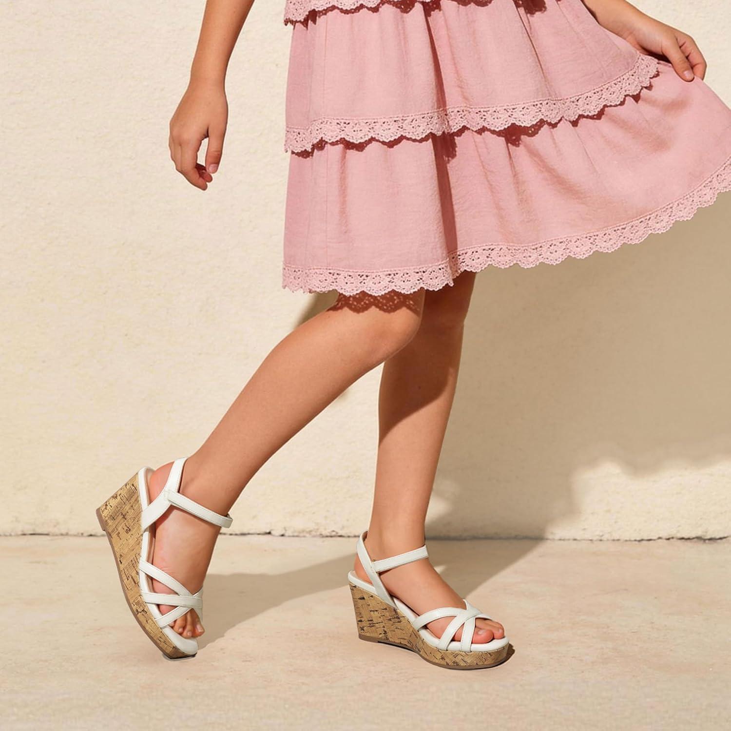 imageDREAM PAIRS Girls Wedge Sandals Flatform Open Toe Summer Platform Sandals Flower Wedding Party for Little KidBig KidWhitev
