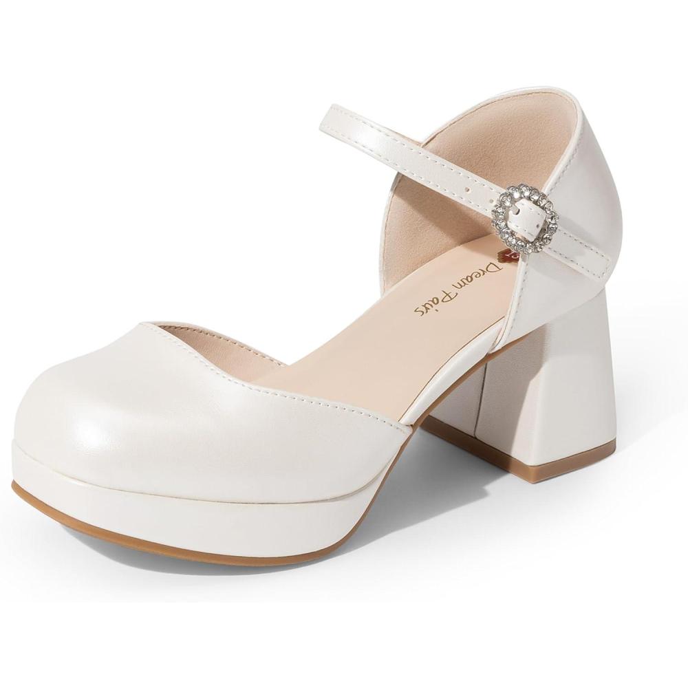 imageDREAM PAIRS Girls Dress Shoes Platform Square Toe High Heels Ankle Strap Party Wedding Flower Pump for Little Big KidIvory