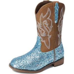 DREAM PAIRS Girls Cowgirl Boots Glitter Toddler Cowboy Boots Child Mid Calf Riding Shoes Party Birthday Dress Up for Toddler/Little/Big Kid(Blue)
