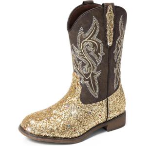 DREAM PAIRS Girls Cowgirl Boots Glitter Toddler Cowboy Boots Child Mid Calf Riding Shoes Party Birthday Dress Up for Toddler/Little/Big Kid(Gold)
