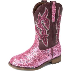 DREAM PAIRS Girls Cowgirl Boots Glitter Toddler Cowboy Boots Child Mid Calf Riding Shoes Party Birthday Dress Up for Toddler/Little/Big Kid(Pink)