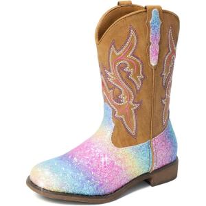 DREAM PAIRS Girls Cowgirl Boots Glitter Toddler Cowboy Boots Child Mid Calf Riding Shoes Party Birthday Dress Up for Toddler/Little/Big Kid(Rainbow)