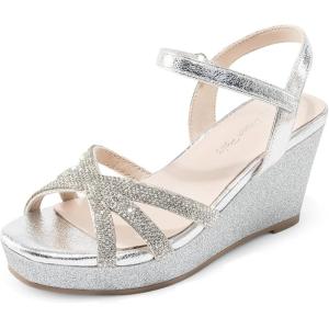 DREAM PAIRS Girls Wedge Sandals Flatform Open Toe Summer Platform Sandals Flower Wedding Party for Little Kid/Big Kid(Silver-v)