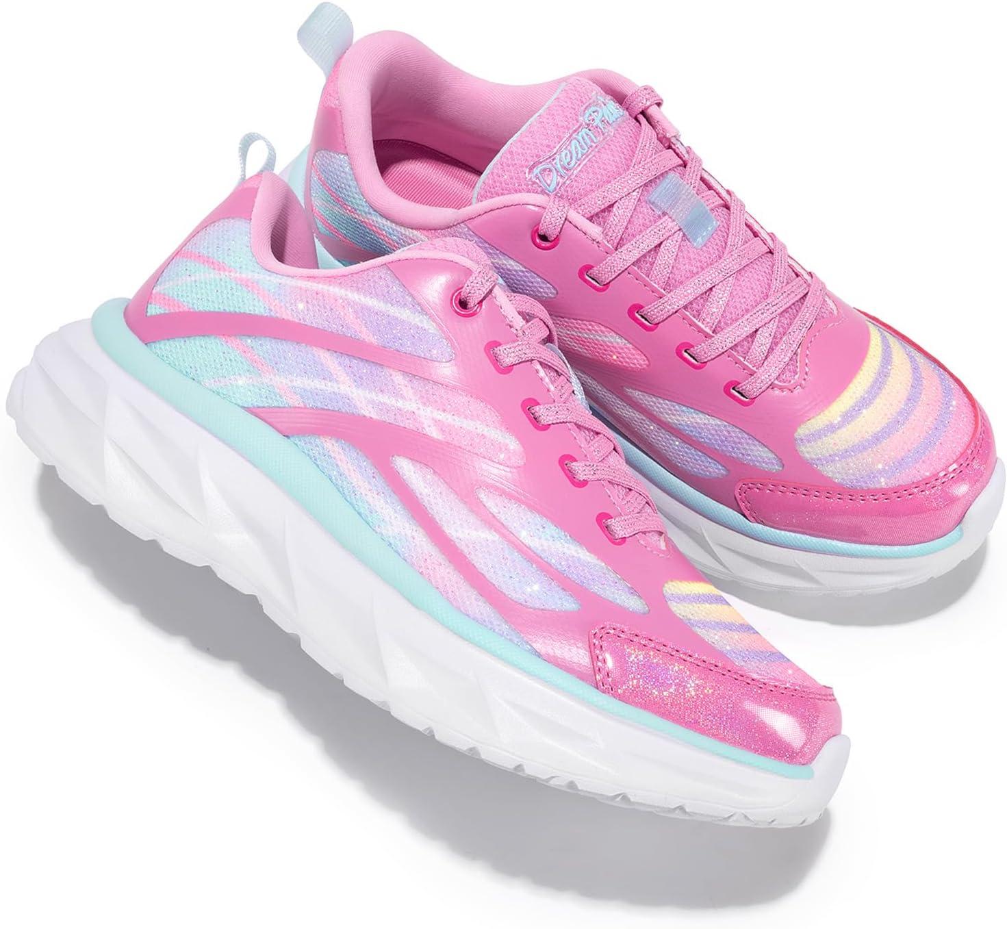 imageDREAM PAIRS Girls Shoes Sneakers Kids Tennis Shoes Lightweight Lace Up Running Casual Walking ShoesHot PinkRainbow