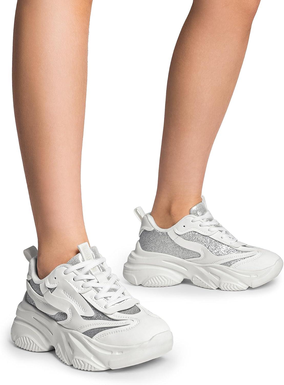 imageDREAM PAIRS Womens Platform Chunky Fashion Sneakers Jaxon Walking LaceUp Comfortable Dad Sneakers Workout Sport Work Casual Tennis ShoesWhitesilver Glitter