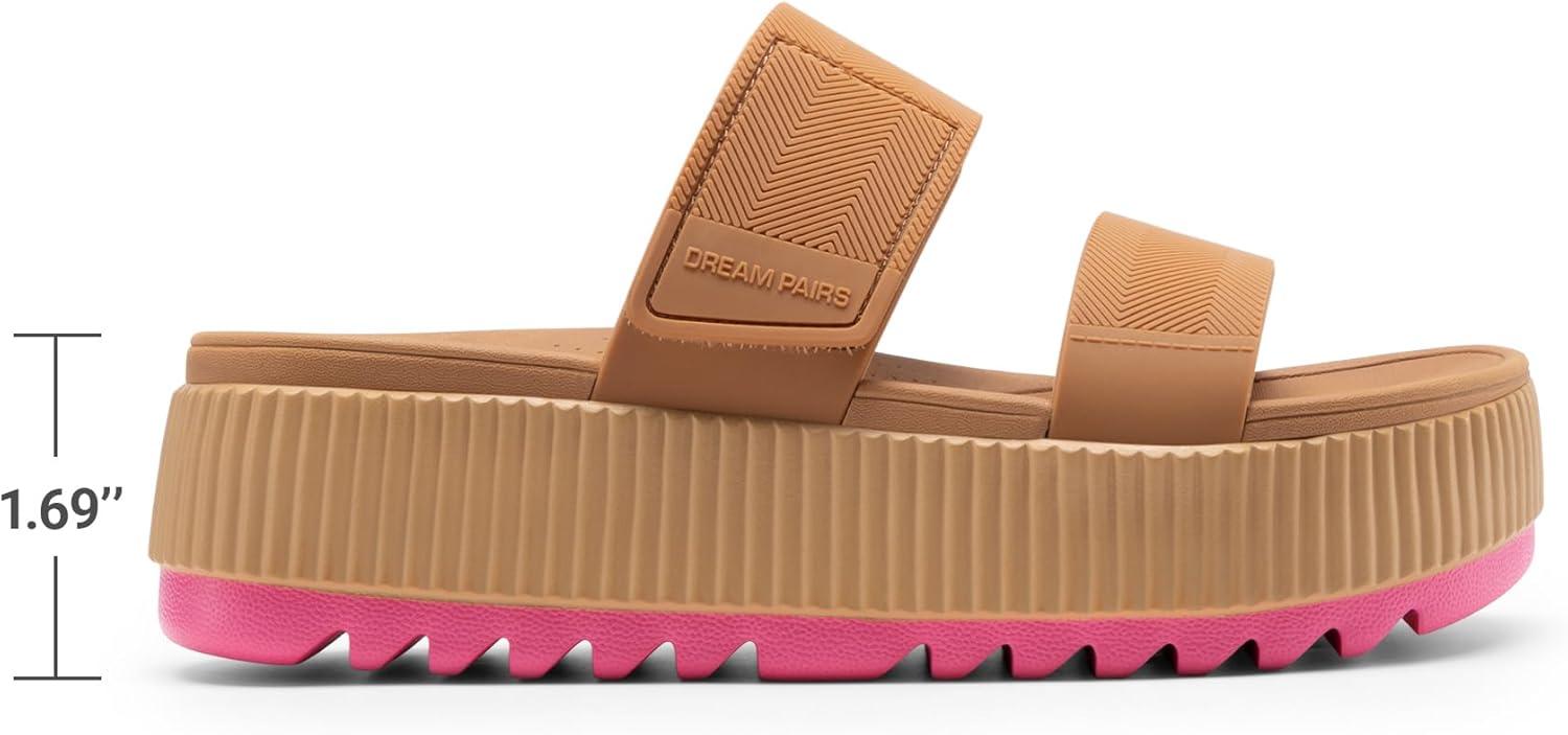 imageDREAM PAIRS Womens Platform Slip on Adjustable Sandals Lightweight Comfortable NonSlip Vacation Beach Chunky Open Toe Wedges for Summer Waterproof ShoesCamel