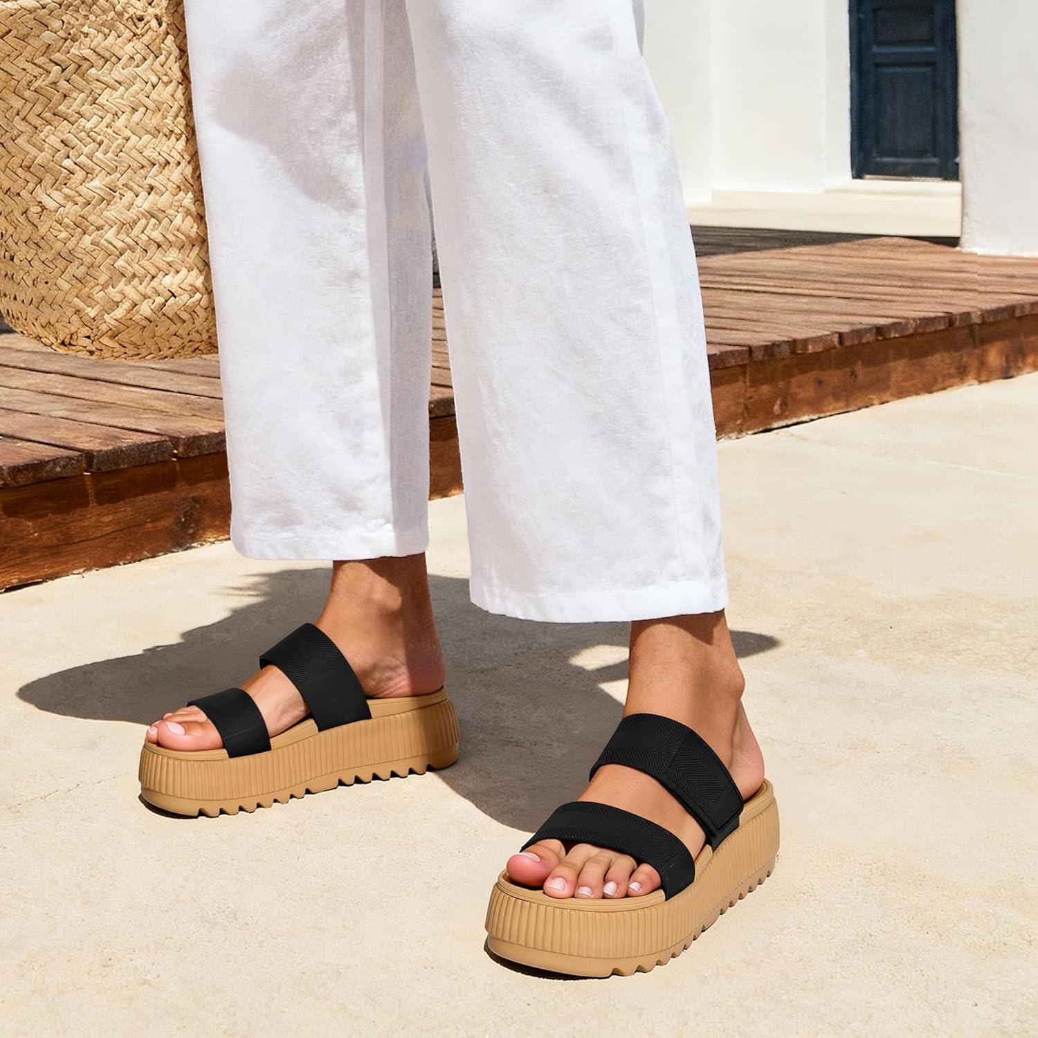 imageDREAM PAIRS Womens Platform Slip on Adjustable Sandals Lightweight Comfortable NonSlip Vacation Beach Chunky Open Toe Wedges for Summer Waterproof ShoesBlack