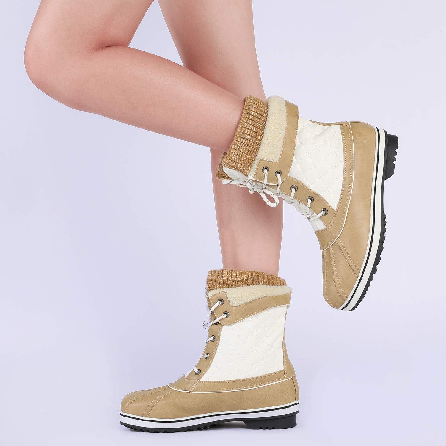 imageDREAM PAIRS Womens Snow Winter Boots Mid Calf Waterproof Duck Warm Outdoor Winter Boots ShoesBeigeWhite