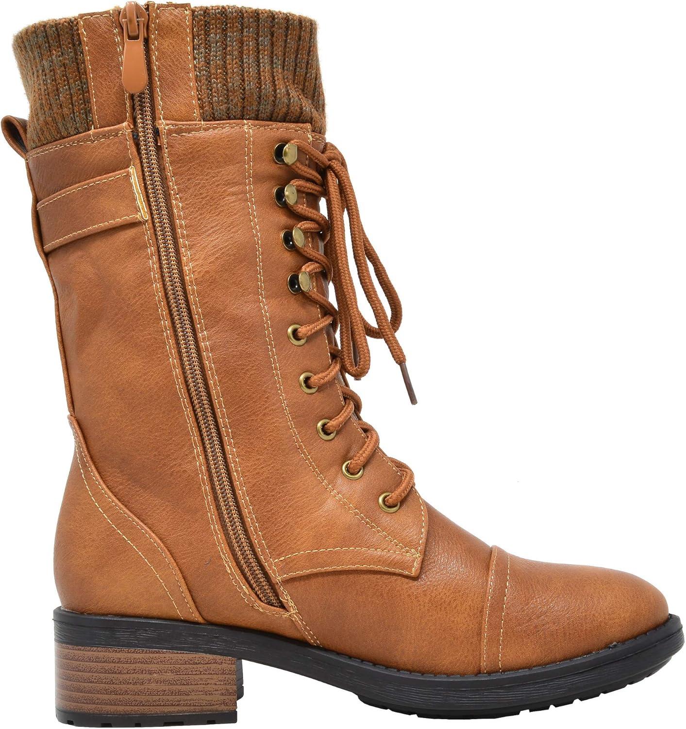imageDREAM PAIRS Womens Winter Lace up Mid Calf Combat Riding Military BootsCamela