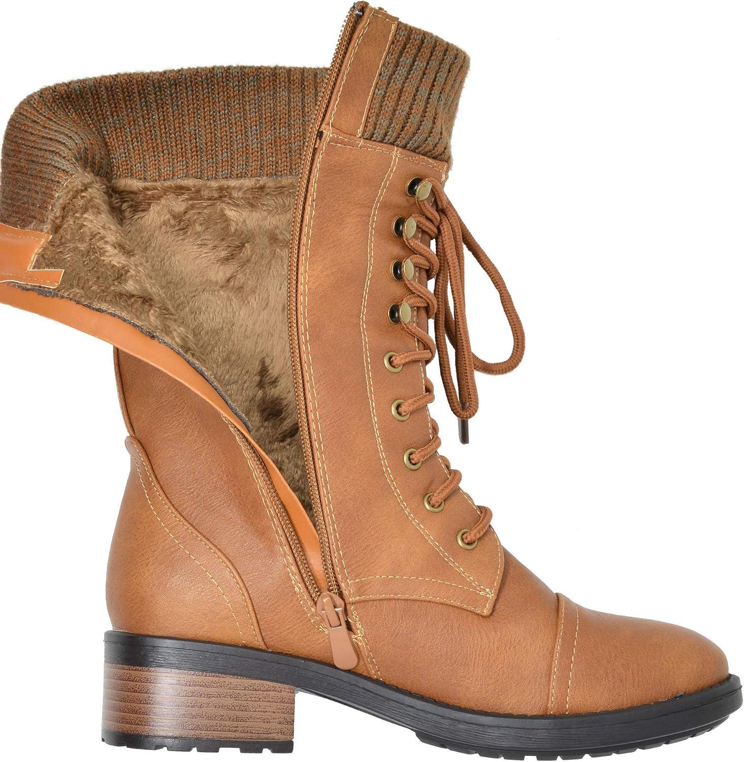 imageDREAM PAIRS Womens Winter Lace up Mid Calf Combat Riding Military BootsCamela