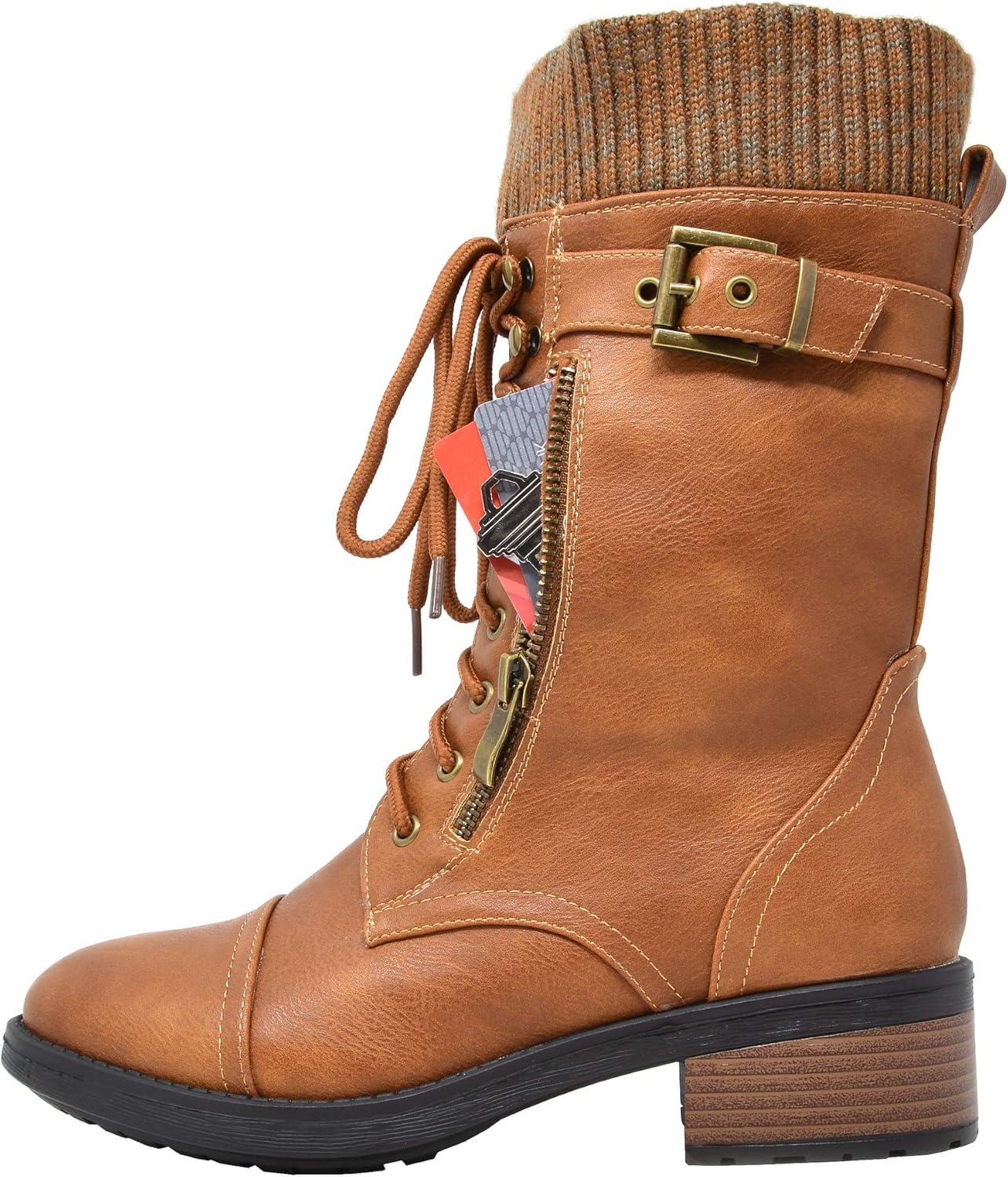 imageDREAM PAIRS Womens Winter Lace up Mid Calf Combat Riding Military BootsCamela