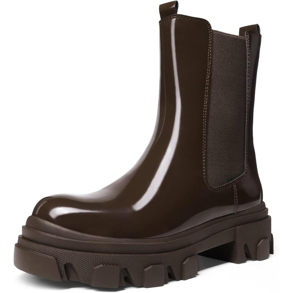 imageDREAM PAIRS Womens Platform Chelsea Boots Lug Sole Combat Mid Calf Slip On Chunky Ankle BootiesBrown