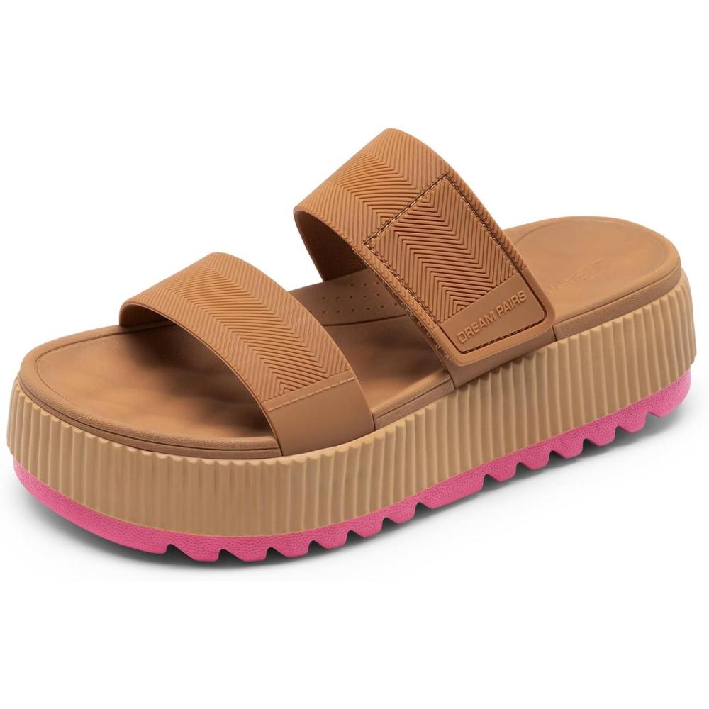 imageDREAM PAIRS Womens Platform Slip on Adjustable Sandals Lightweight Comfortable NonSlip Vacation Beach Chunky Open Toe Wedges for Summer Waterproof ShoesCamel