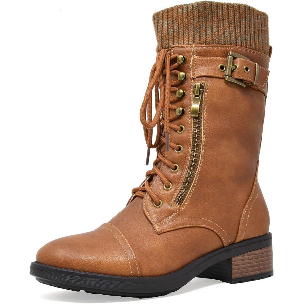 imageDREAM PAIRS Womens Winter Lace up Mid Calf Combat Riding Military BootsCamela