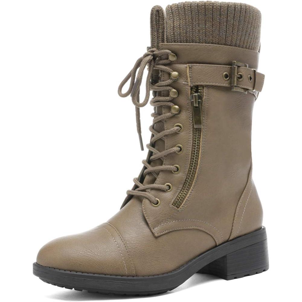 imageDREAM PAIRS Womens Winter Lace up Mid Calf Combat Riding Military BootsKhaki