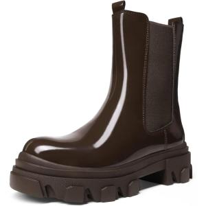 DREAM PAIRS Women’s Platform Chelsea Boots Lug Sole Combat Mid Calf Slip On Chunky Ankle Booties(Brown)