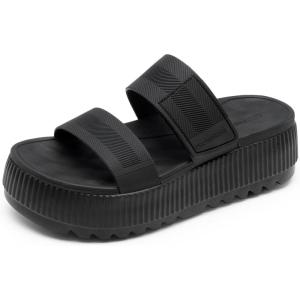 DREAM PAIRS Women’s Platform Slip on Adjustable Sandals Lightweight Comfortable Non-Slip Vacation Beach Chunky Open Toe Wedges for Summer Waterproof Shoes(All Black)