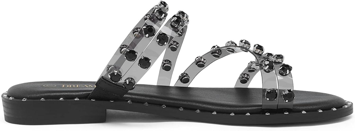 imageDREAM PAIRS Womens Clear Studded Rhinestone Slide Sandals Slip on Open Toe Cute Flat Sandals for SummerBlackClearRhinestone
