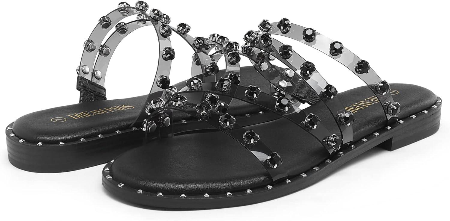 imageDREAM PAIRS Womens Clear Studded Rhinestone Slide Sandals Slip on Open Toe Cute Flat Sandals for SummerBlackClearRhinestone