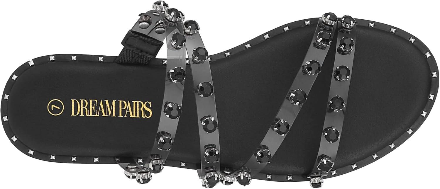 imageDREAM PAIRS Womens Clear Studded Rhinestone Slide Sandals Slip on Open Toe Cute Flat Sandals for SummerBlackClearRhinestone