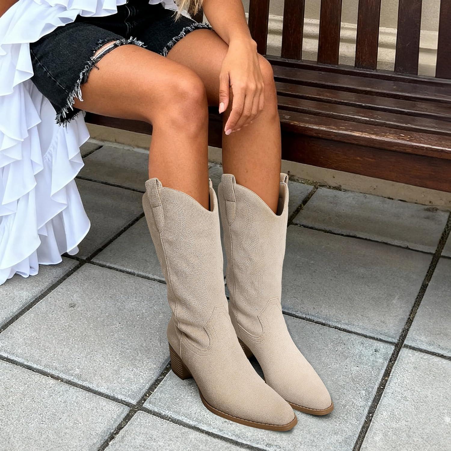 imageDREAM PAIRS Womens Square Toe Cowboy Mid Calf Western BootsBeige